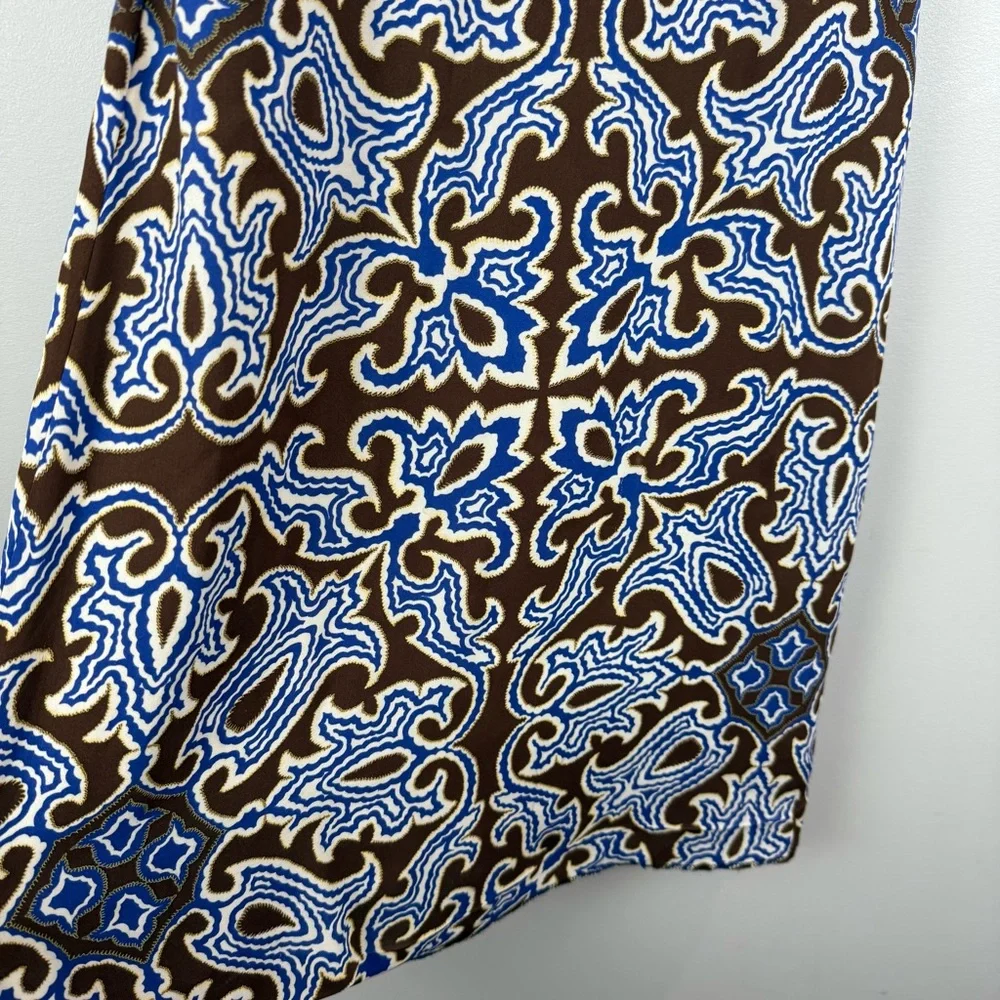 Tory Burch 100% Silk Dress Women's 0 Brown Blue Printed Sleeveless Classic Retro